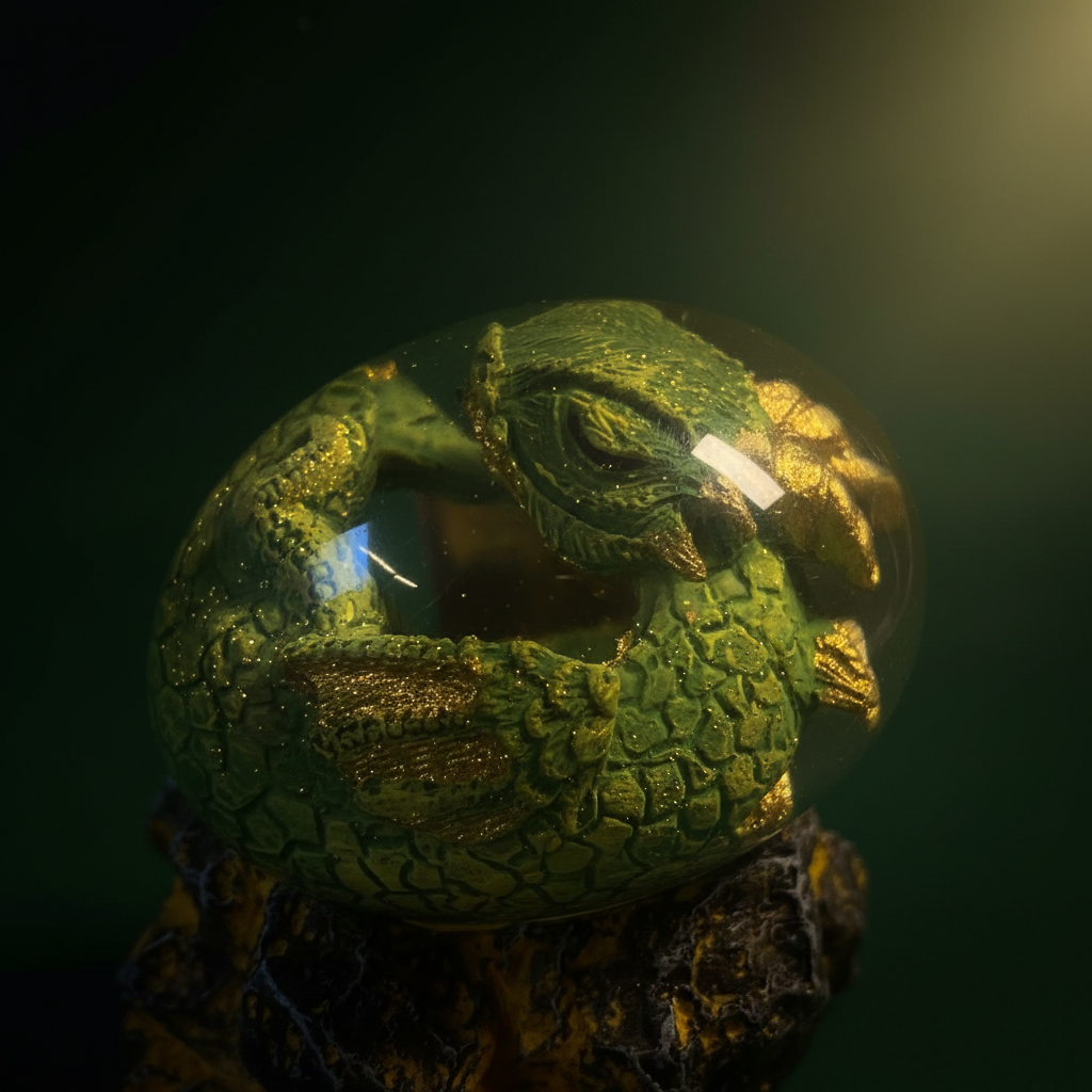 Close-up of Forest Dragon emerald green and gold shimmer scale detail inside plexiglas egg