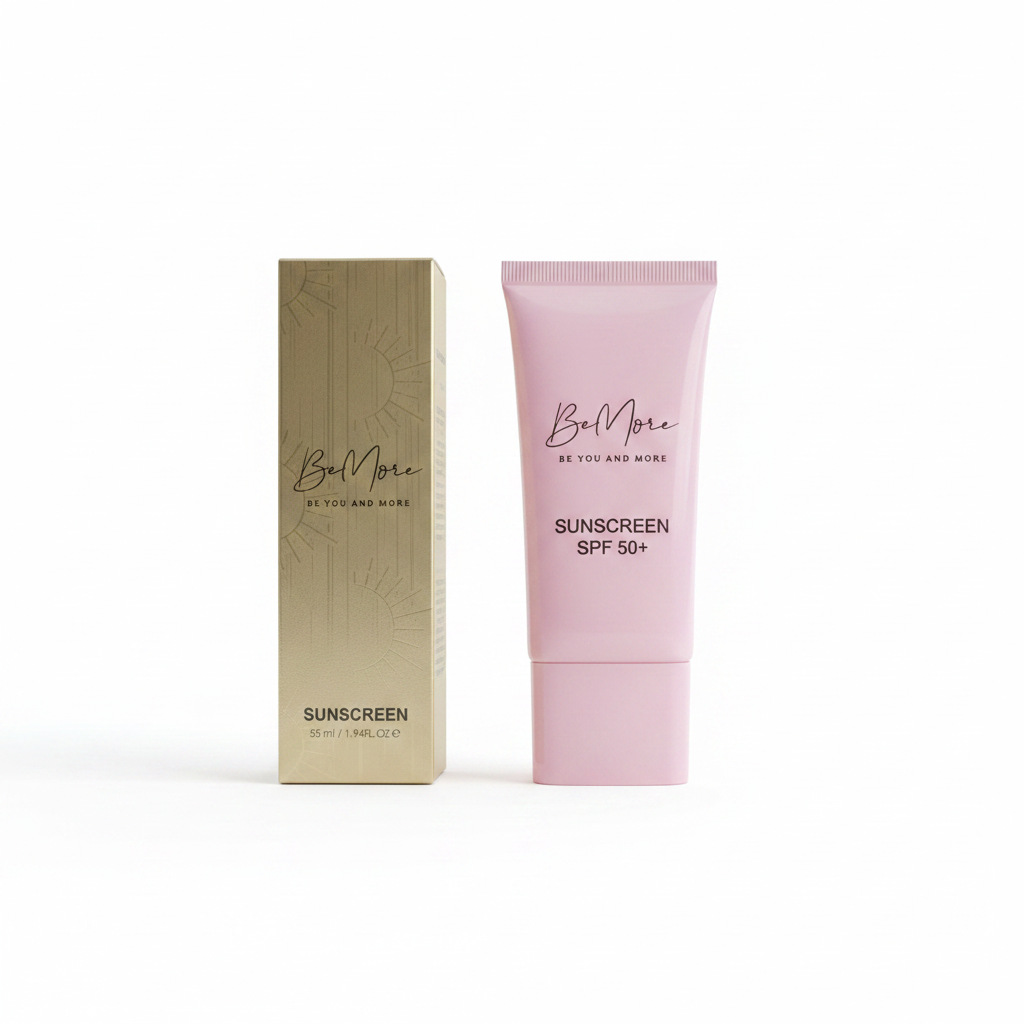BeMore Sunscreen SPF 50+ pink tube and gold box on white background
