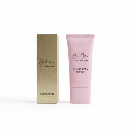 BeMore Sunscreen SPF 50+ pink tube and gold box on white background
