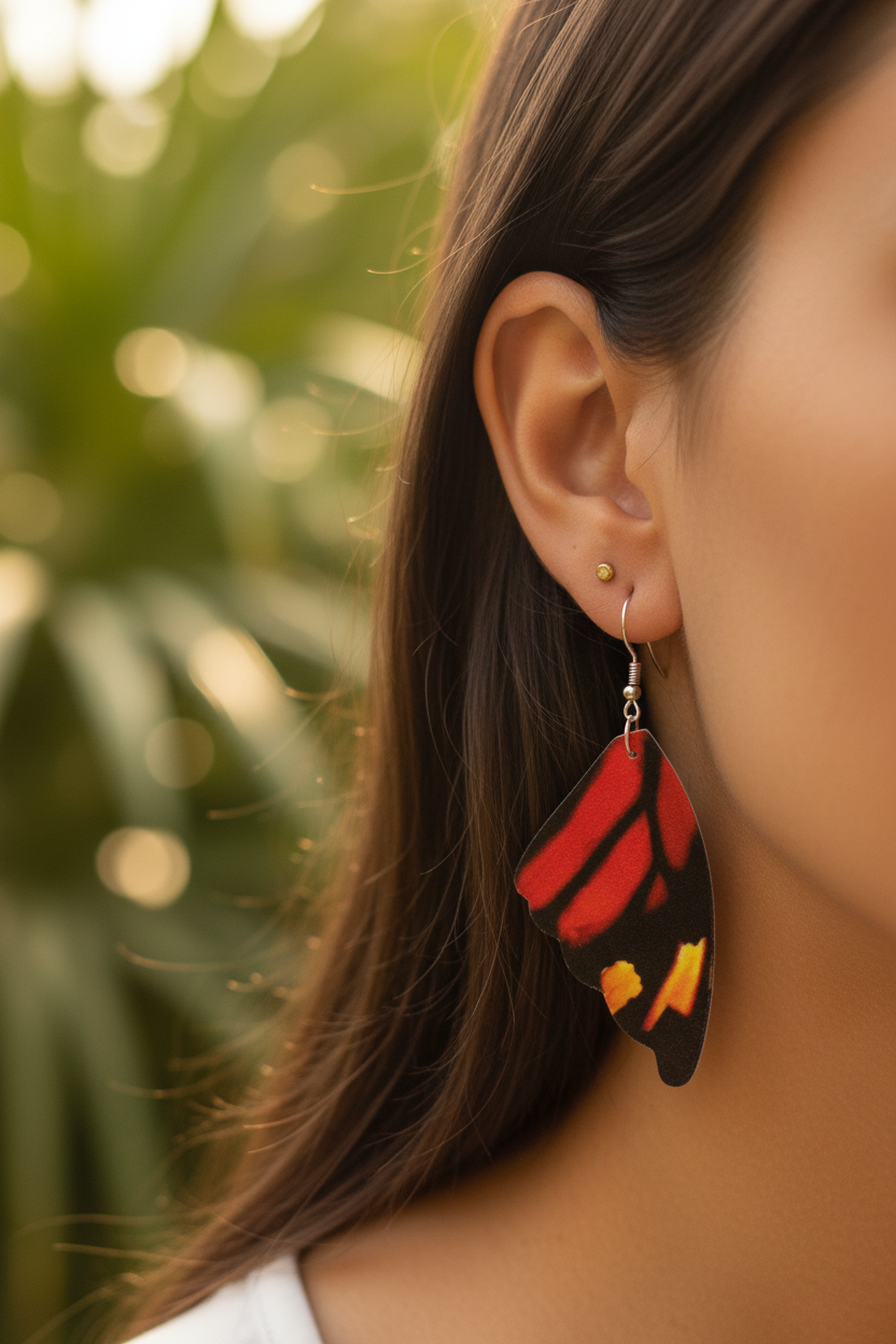 Butterfly wing pattern earrings worn on ear with soft botanical green bokeh