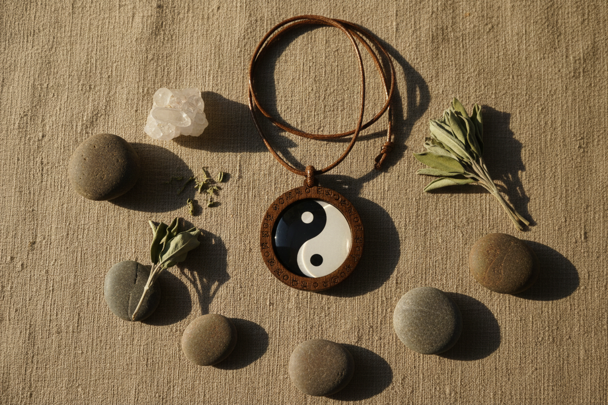 Wooden YinYang pendant necklace flat lay on linen with pebbles dried sage and crystal