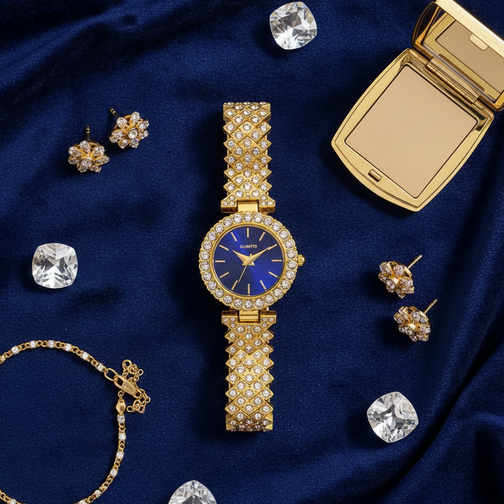 Gold Crystal Blue Dial Quartz Watch - Flat Lay