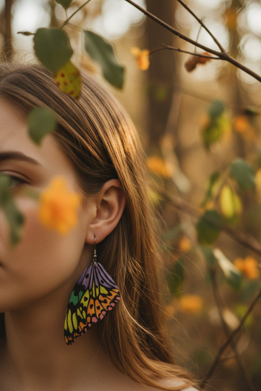 Purple yellow-green orange butterfly wing earrings worn on ear with earthy bokeh