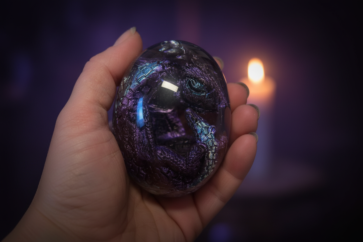 Midnight Dragon Egg held in hand, moody candlelight atmosphere
