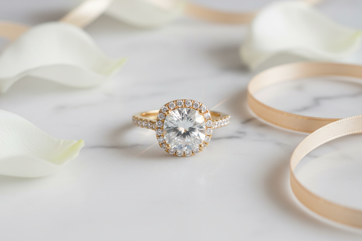 Gold near-colourless moissanite halo ring flat lay on white marble with rose petals and gold ribbon