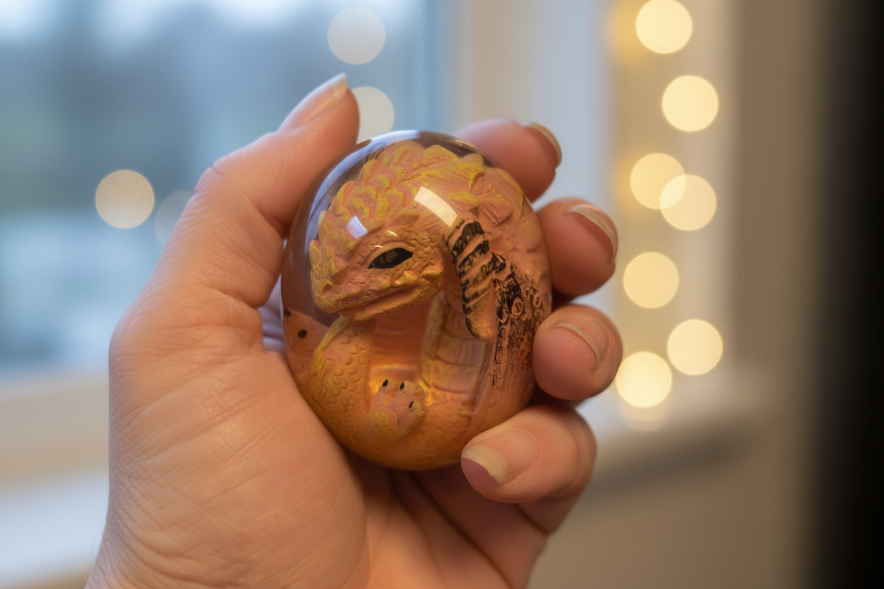 Baby dragon egg held in hand, showing palm size and golden dragon detail