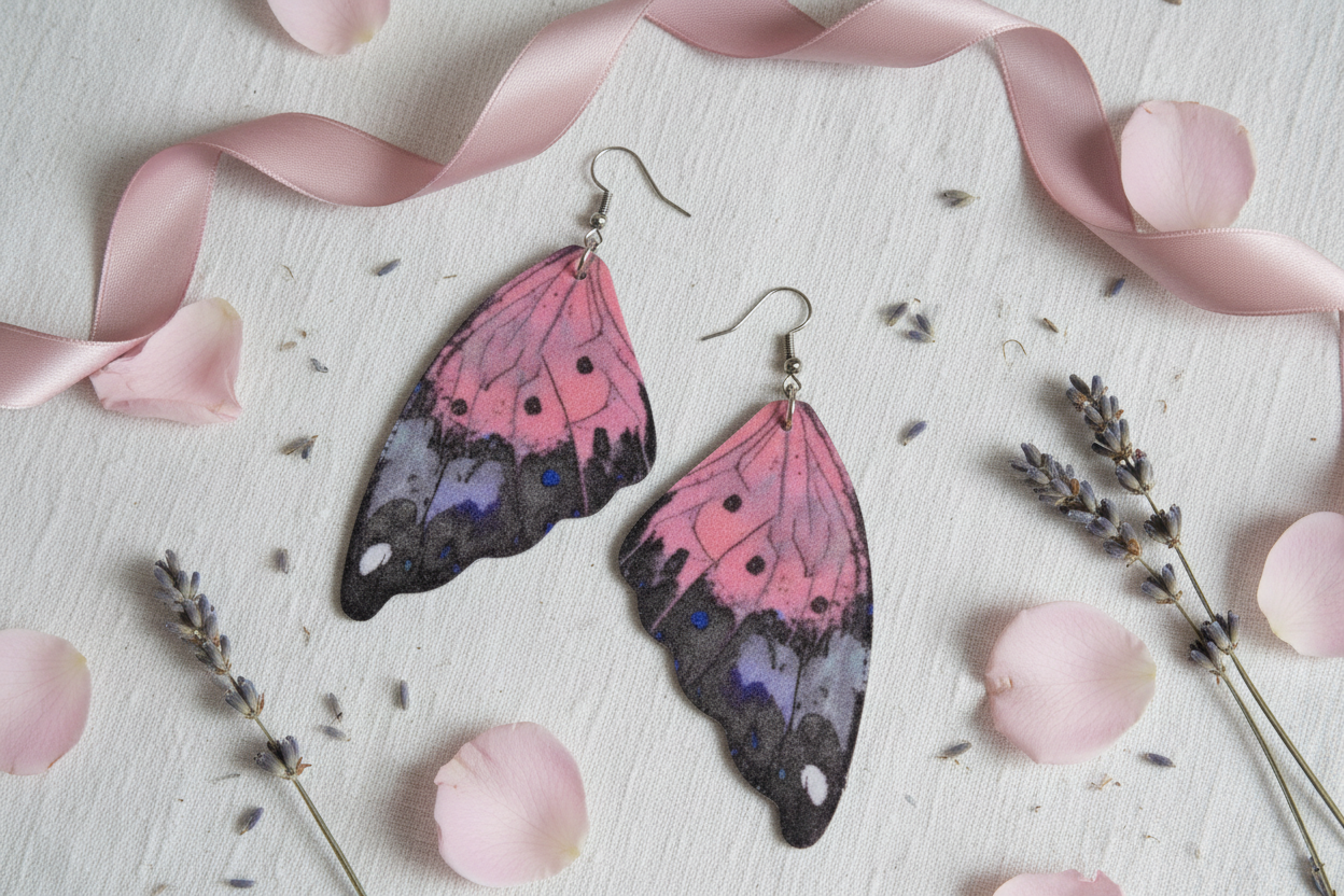 Pink purple butterfly wing earrings flat lay on white linen with rose petals and lavender