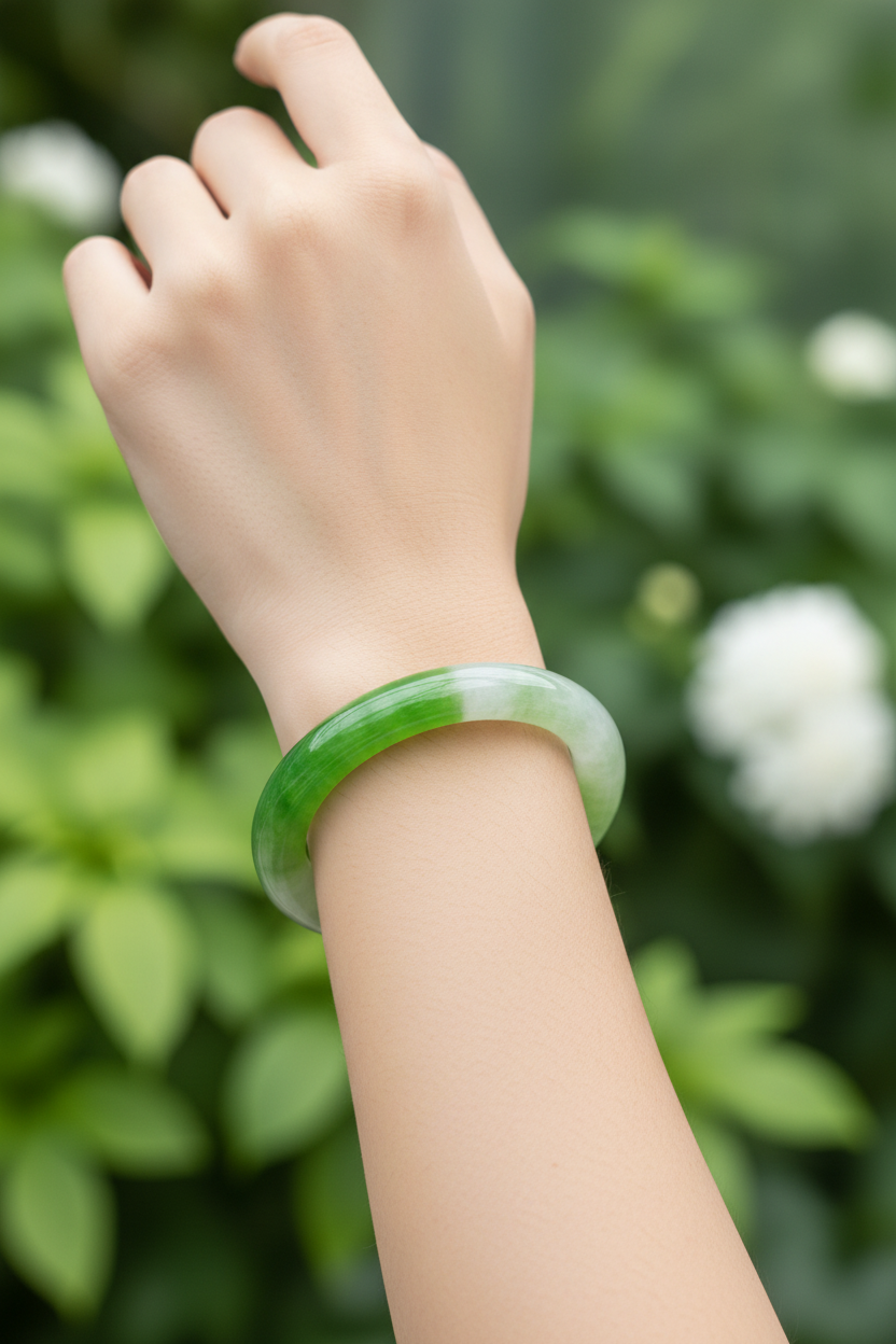 Jade green bangle bracelet worn on wrist with soft green botanical bokeh