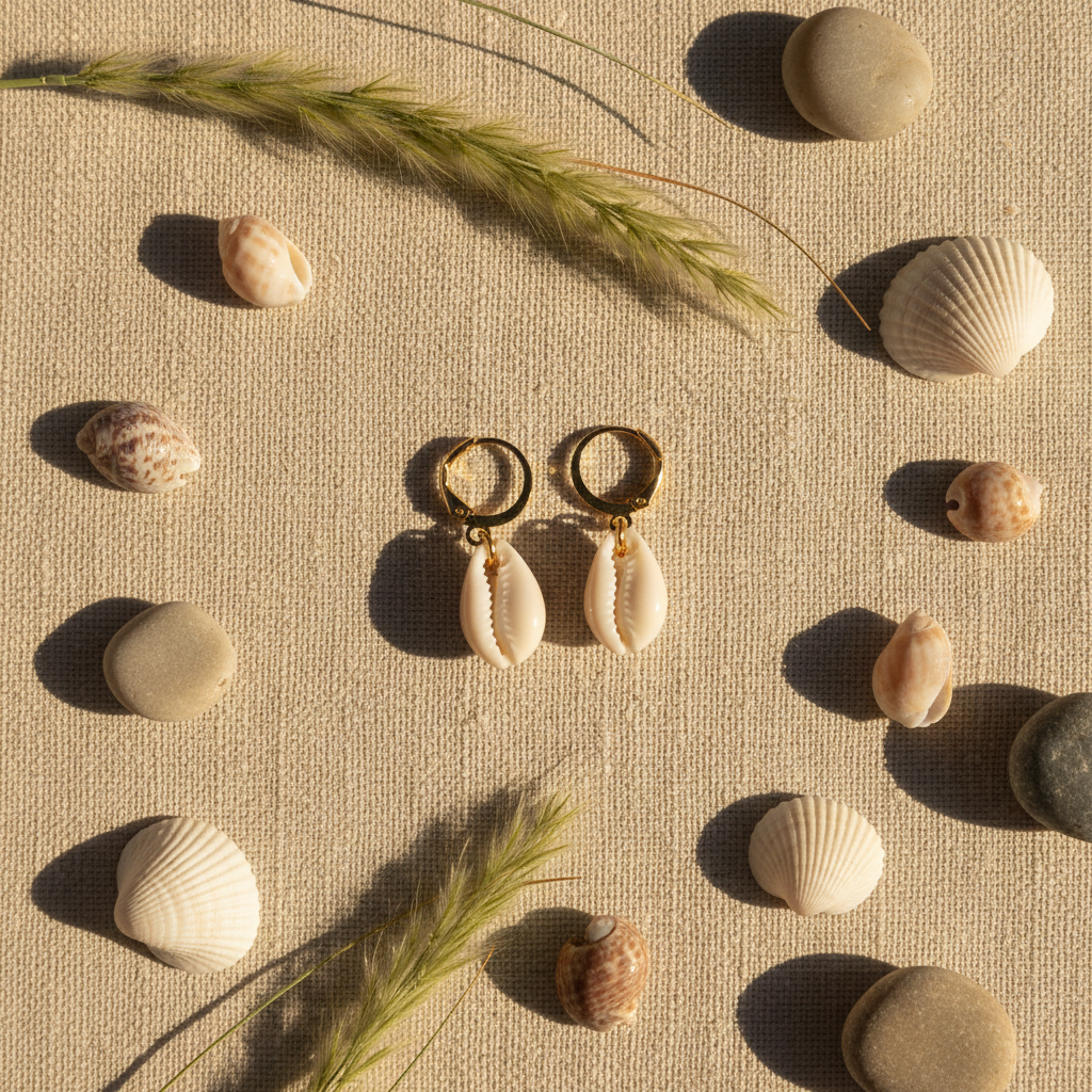 Gold Hoop Cowrie Shell Earrings - Flat Lay