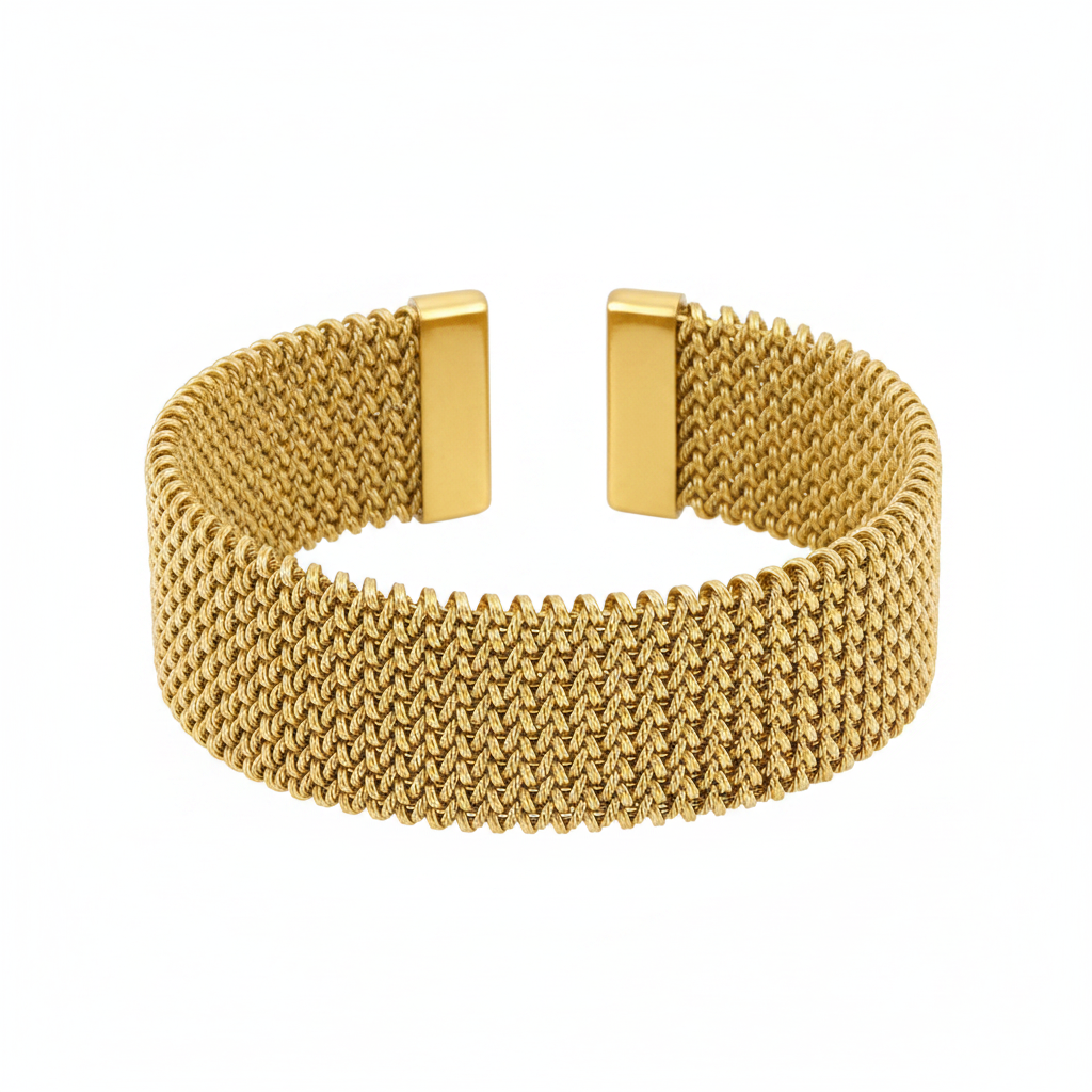 Wide 18K gold-plated 304 stainless steel mesh bracelet with magnetic clasp on pure white background