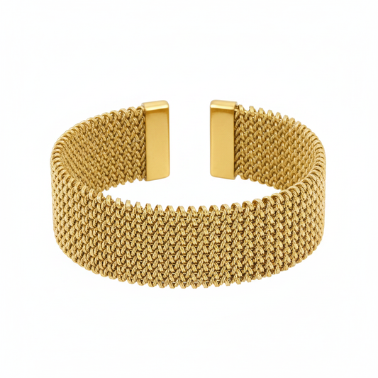 Wide 18K gold-plated 304 stainless steel mesh bracelet with magnetic clasp on pure white background