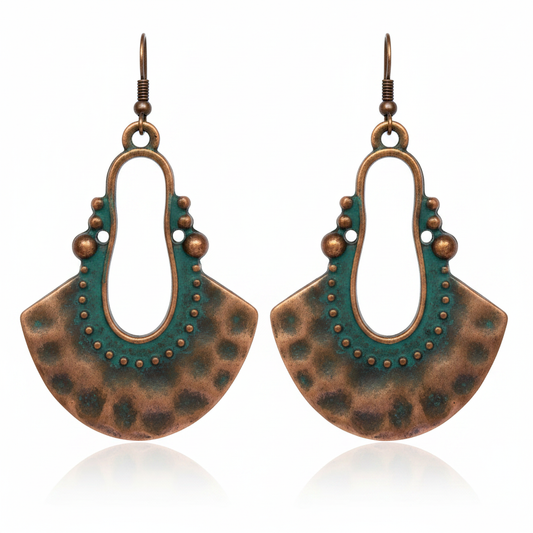 Fan-shaped bohemian copper earrings on white background