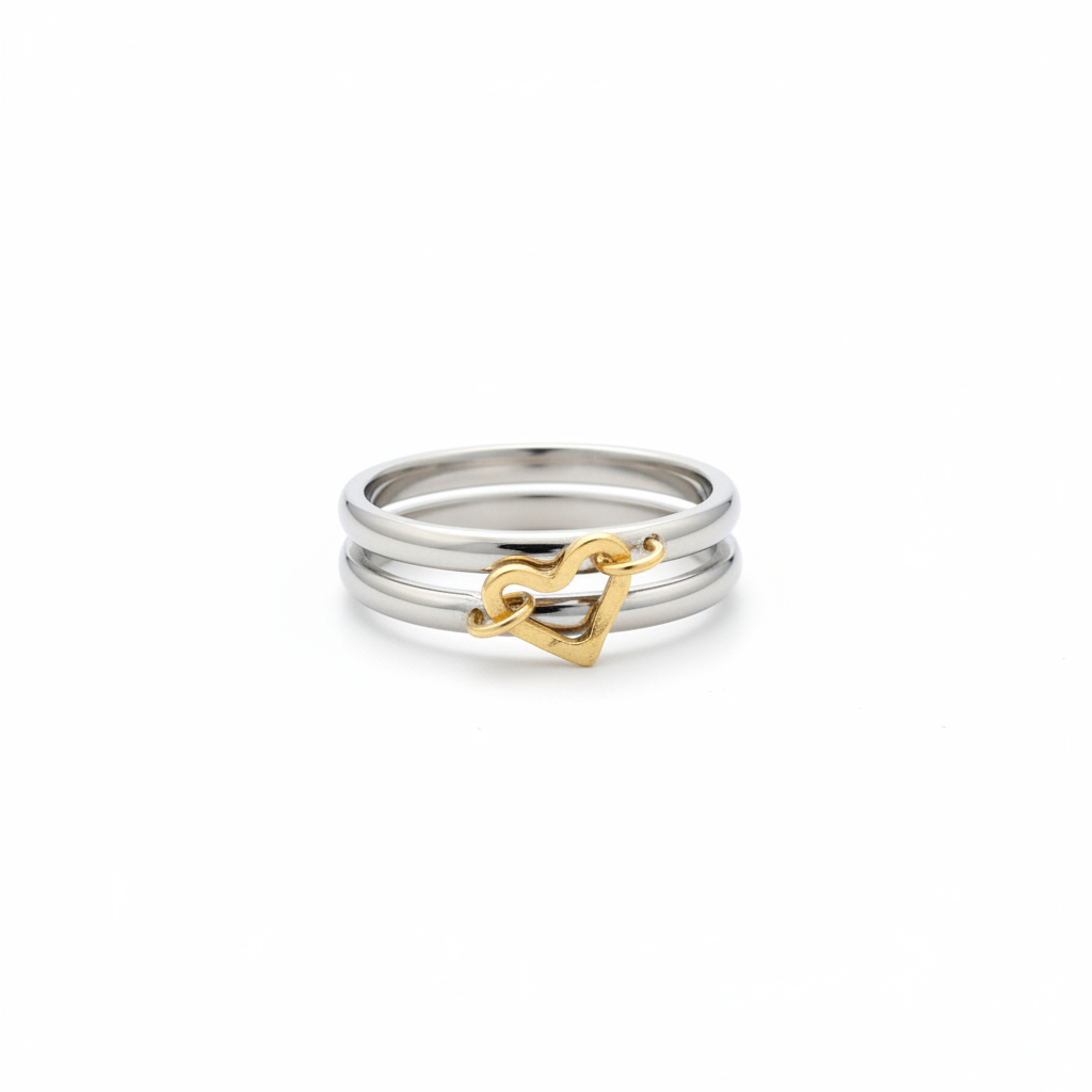 BeMore Heart Series Double Band Dangling Heart Ring Two Tone on white background