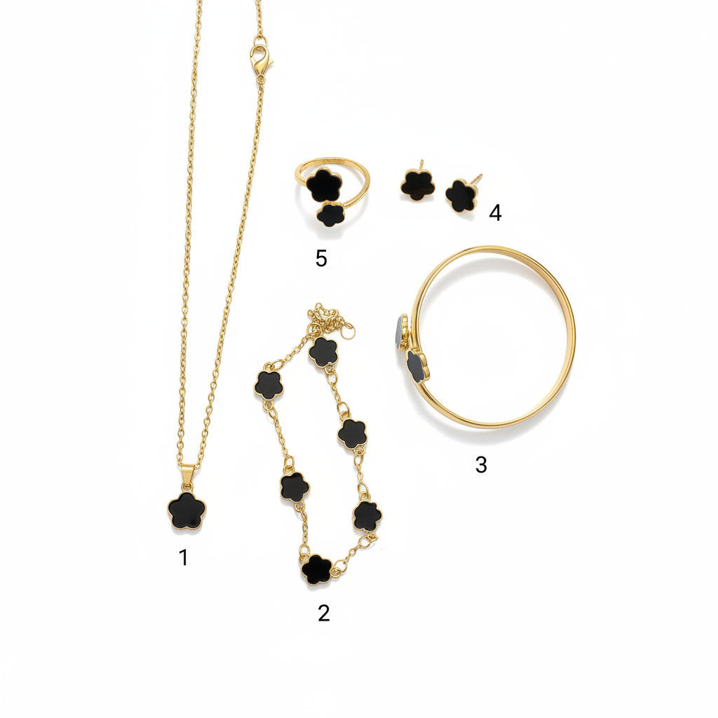 All 5 pieces of black five-petal flower gold jewelry set: necklace, chain bracelet, bangle, stud earrings and double flower ring