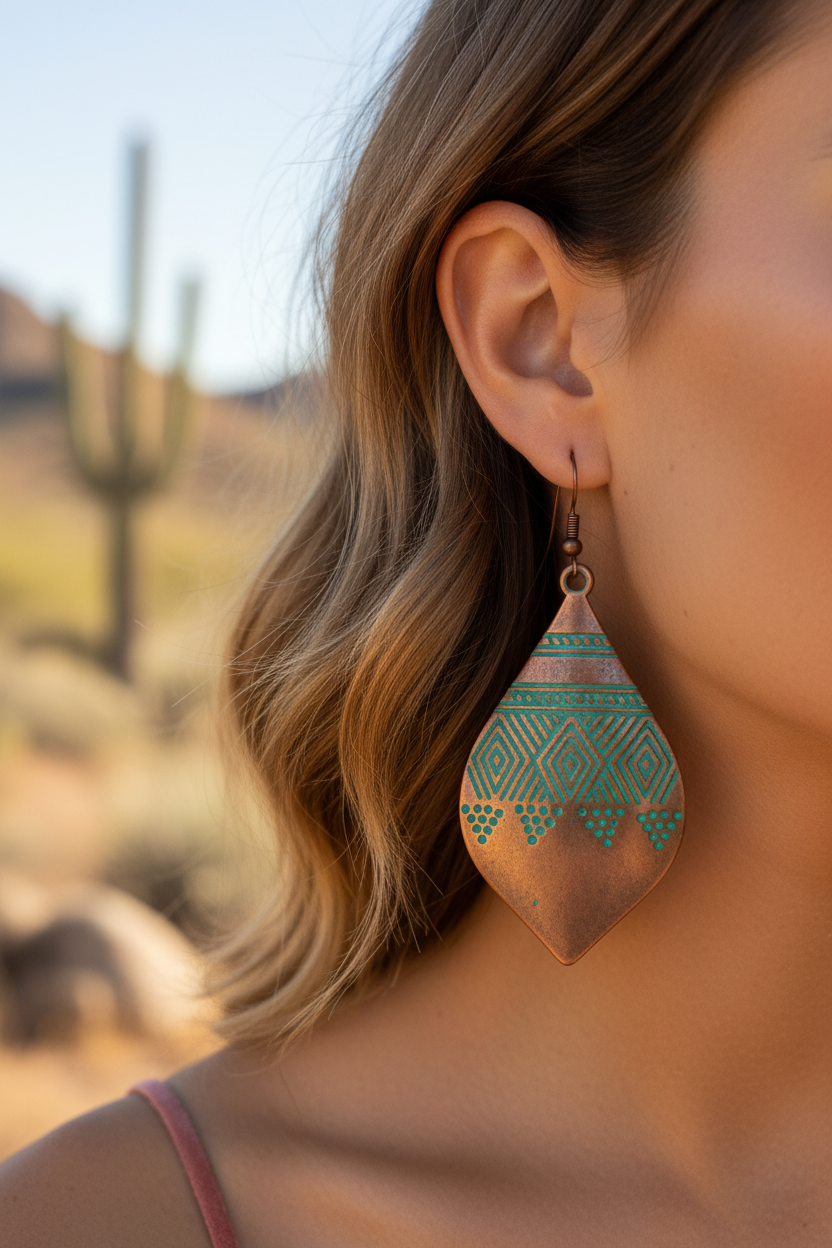 Copper tribal marquise earrings with teal patina worn on ear with warm desert bokeh