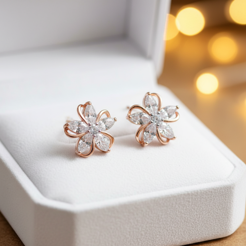 Rose gold flower crystal stud earrings displayed in open luxury white velvet jewellery box
