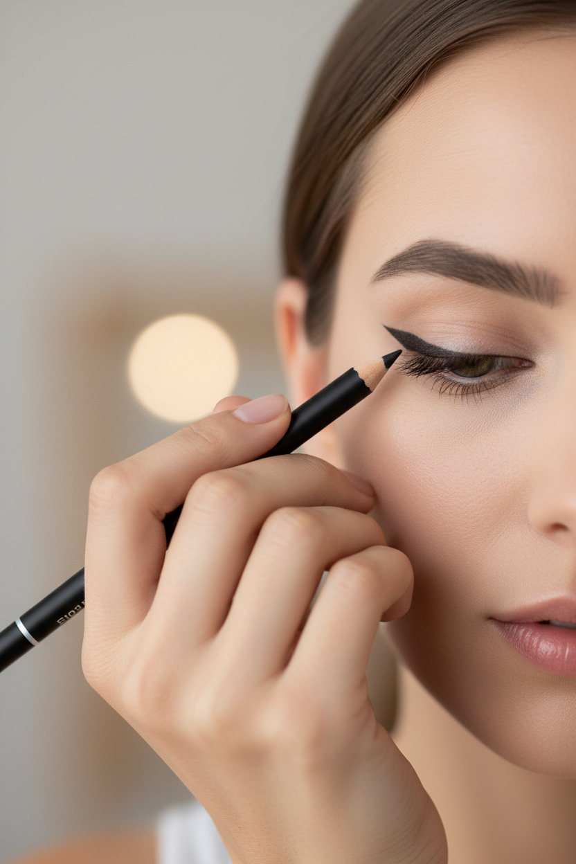 Model applying deep black eye pencil near eye with soft neutral bokeh background