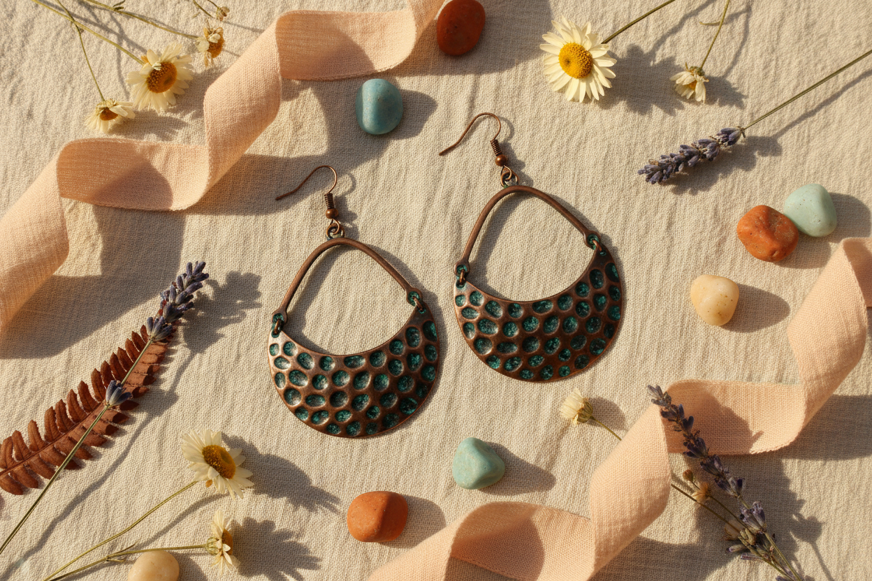 Copper honeycomb crescent earrings flat lay on linen with wildflowers and colourful pebbles
