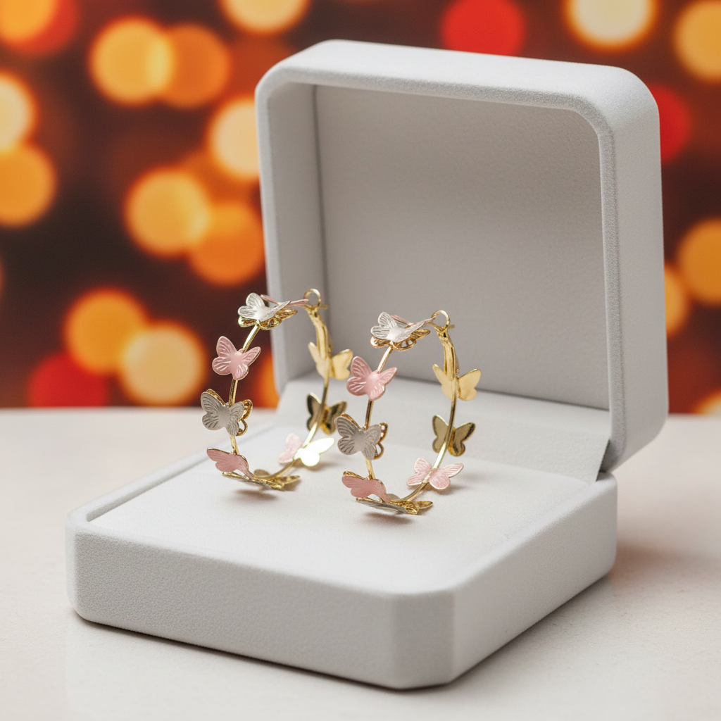 Butterfly hoop earrings with pink silver and gold butterflies displayed in open white velvet jewellery box