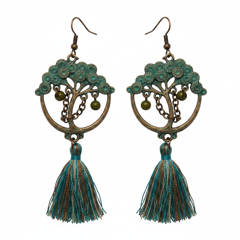 Antique bronze hoop earrings with teal leaf details and tassel drops on white background