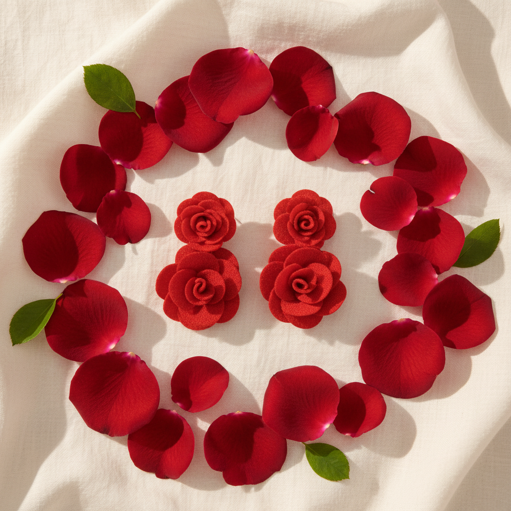 Handmade Red Rose Drop Stud Earrings - Flat Lay