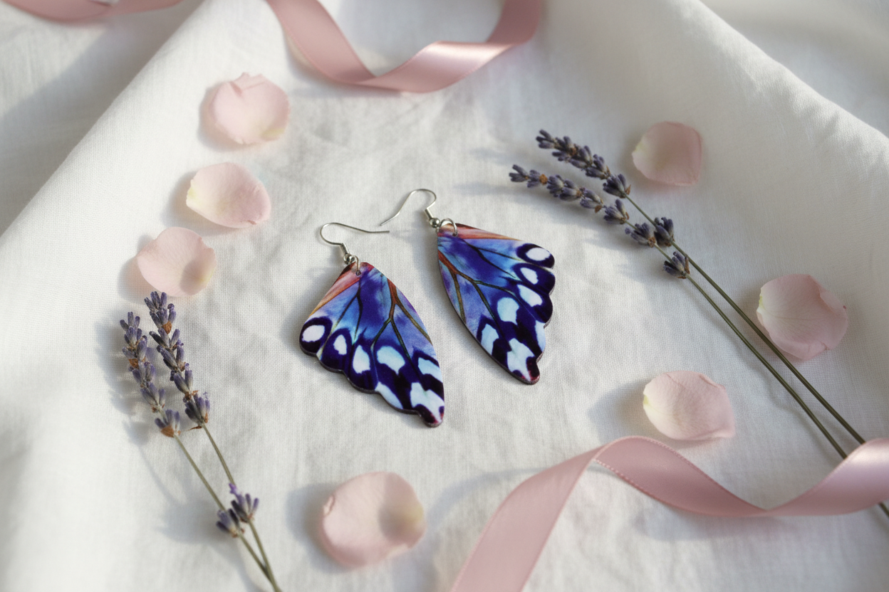 Lavender dusty rose butterfly wing earrings flat lay on white linen with dried lavender and rose petals