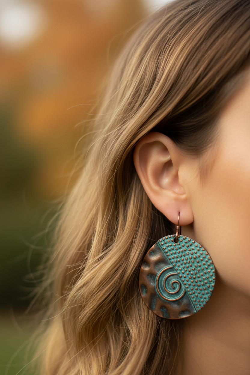 Large copper disc earrings with teal patina worn on ear with earthy bokeh background