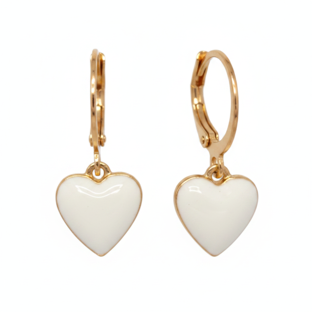 Gold Hoop White Enamel Heart Earrings - Thumbnail