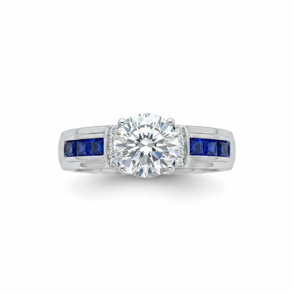Bold 925 silver 2ct moissanite ring with baguette blue sapphire shoulders on pure white background