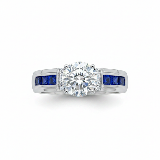 Bold 925 silver 2ct moissanite ring with baguette blue sapphire shoulders on pure white background