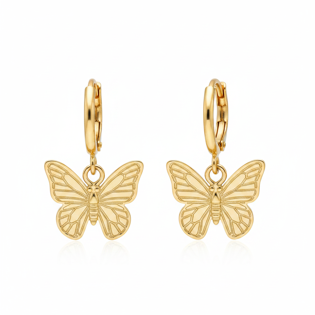 Gold Hoop Butterfly Charm Earrings - Thumbnail