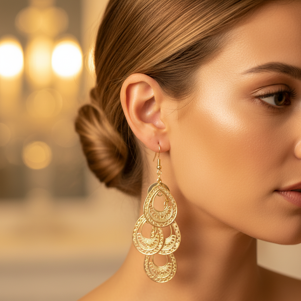 Gold Filigree Teardrop Drop Earrings - Lifestyle