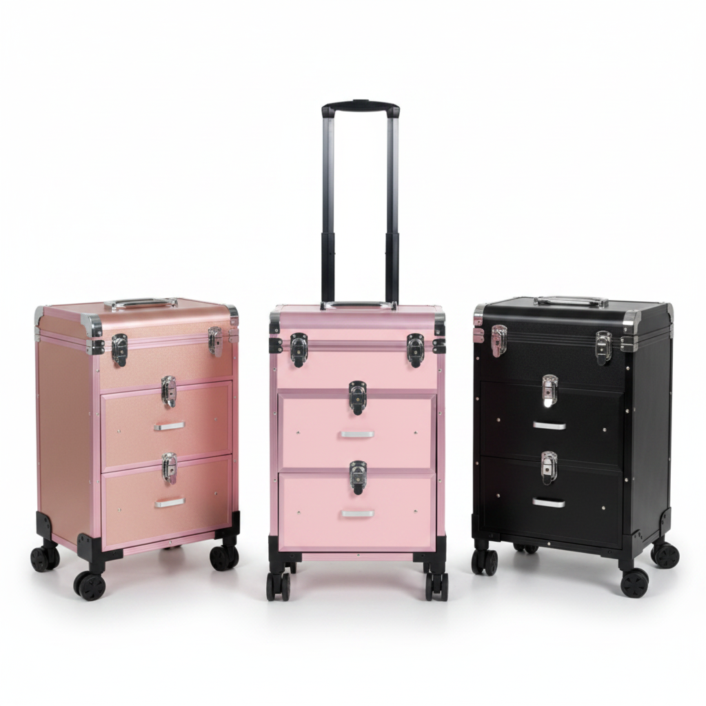 BeMore Aluminium Makeup Trolley in pink, rose gold and black on white background