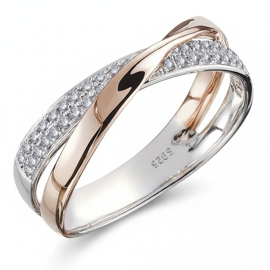 BeMore Elegance Series Twisted Duo Crossover Ring Rose Gold Silver on white background
