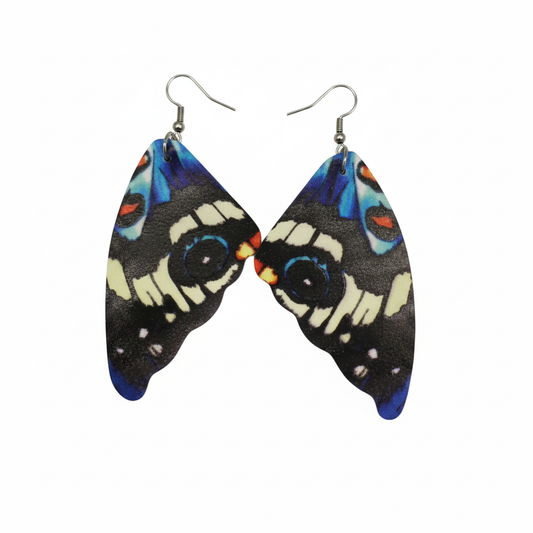 Dramatic black white butterfly wing earrings with colourful accent edges on white background