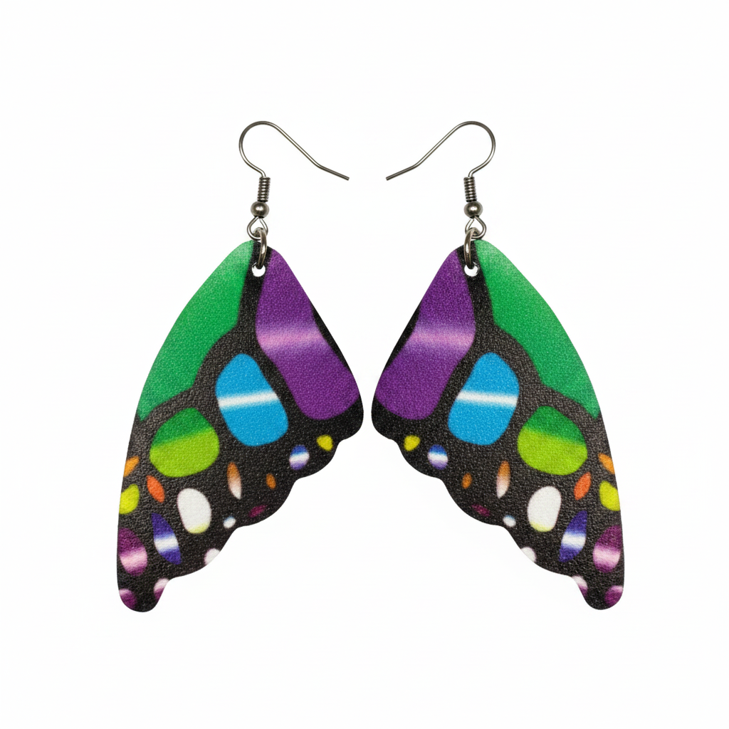 Butterfly wing pattern earrings in vibrant green purple and teal on white background