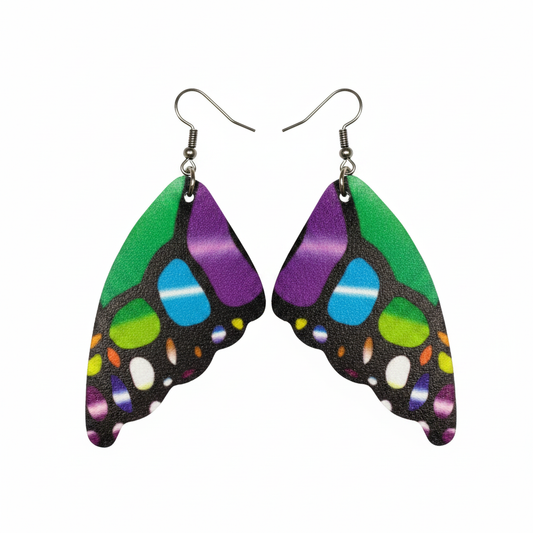 Butterfly wing pattern earrings in vibrant green purple and teal on white background