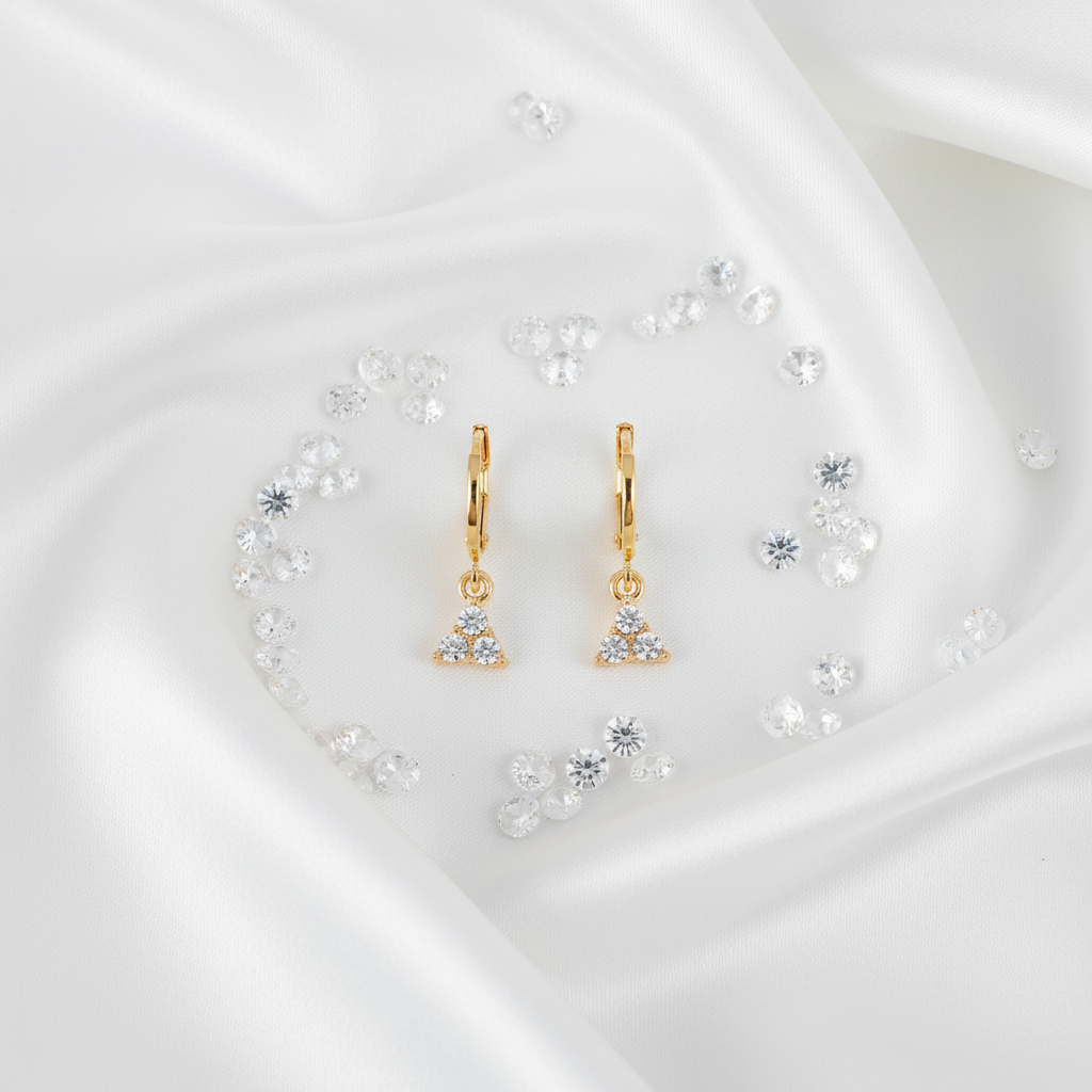 Gold Hoop Crystal Triangle Charm Earrings - Flat Lay