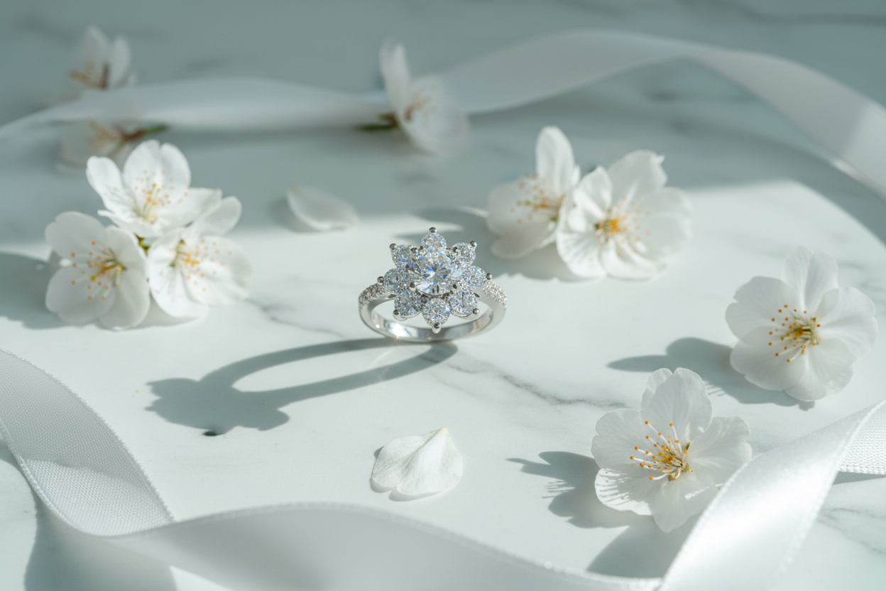 Silver moissanite flower ring flat lay on white marble with cherry blossom petals and silver ribbon