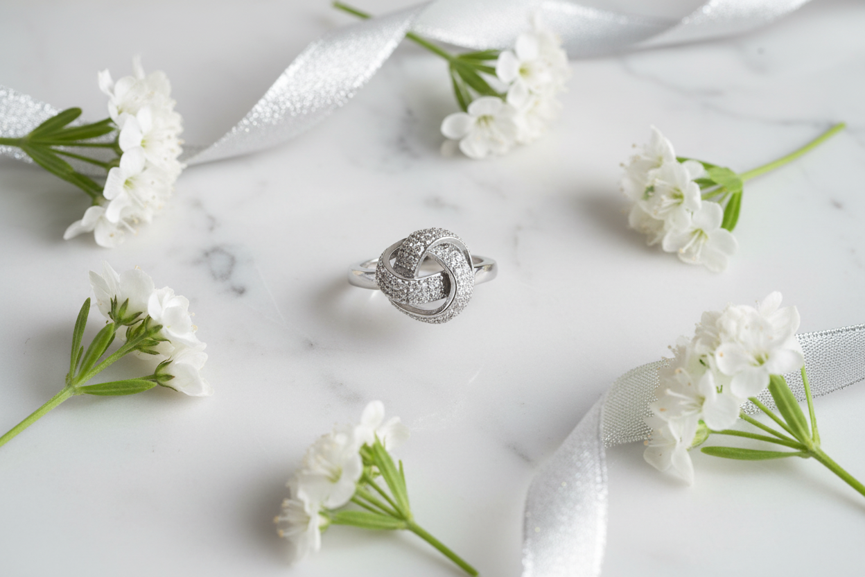 Silver swirl knot pavé ring flat lay on white marble with white flowers and silver ribbon