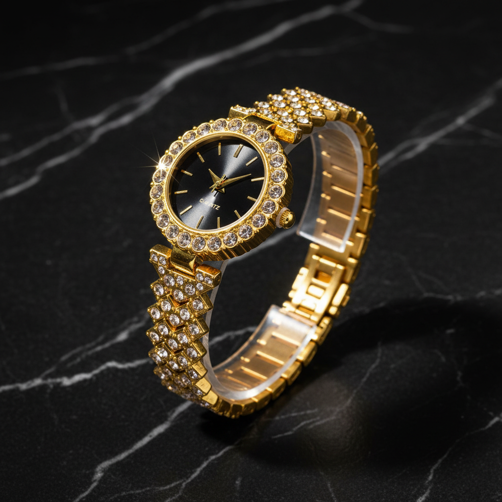 Gold Crystal Black Dial Quartz Watch - Studio