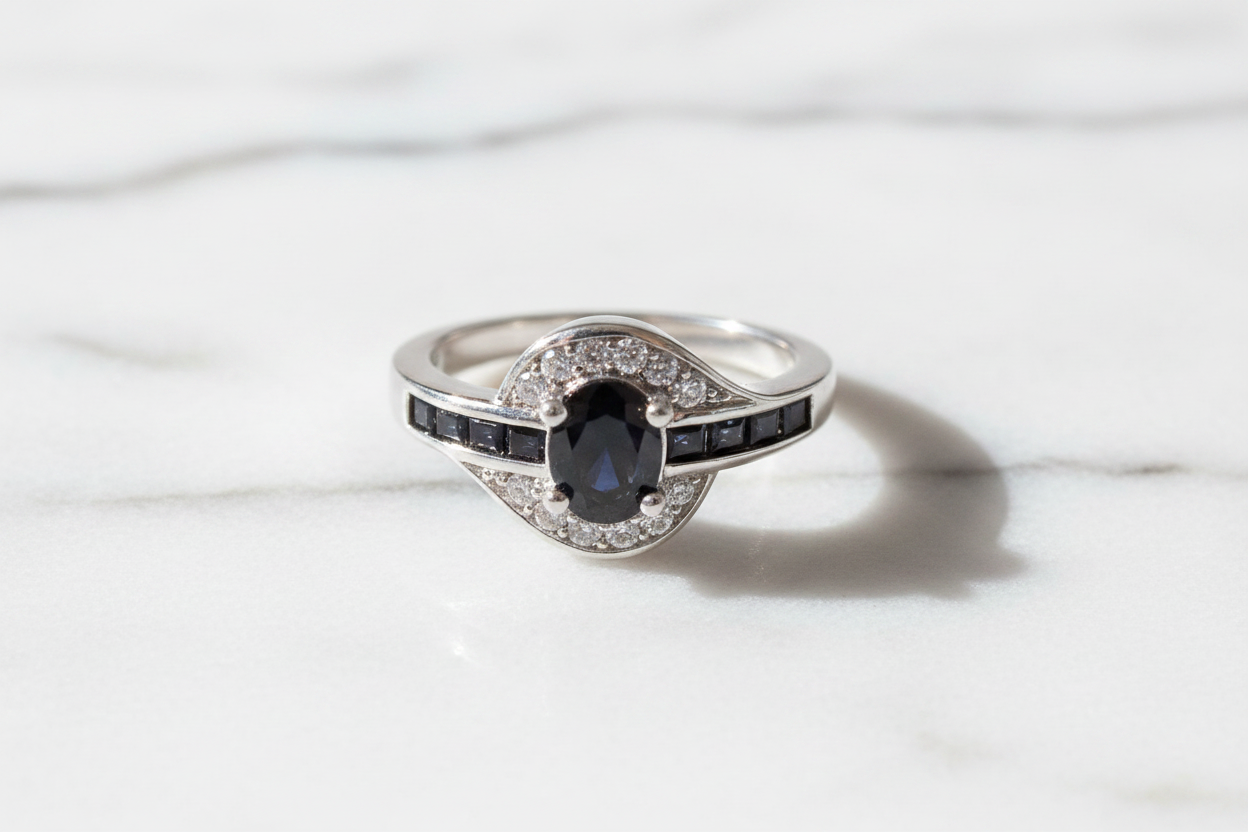925 Silver Sapphire Halo Ring - flat lay