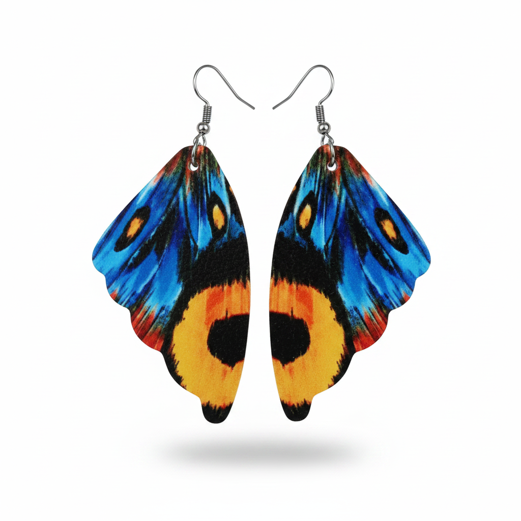 Vibrant blue orange yellow butterfly wing earrings on white background, no packaging