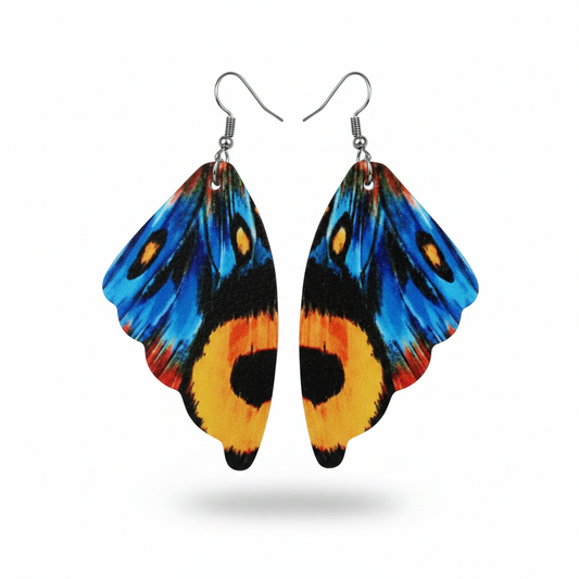 Vibrant blue orange yellow butterfly wing earrings on white background, no packaging