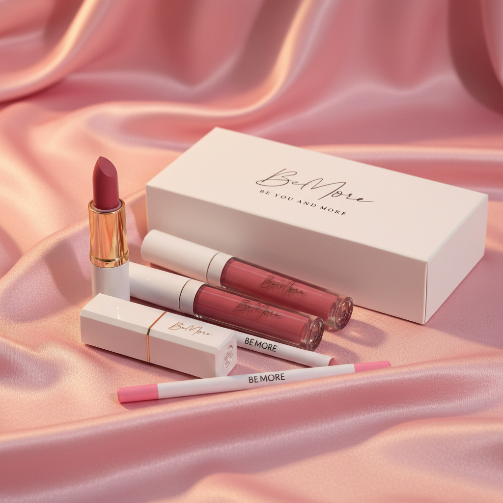 BeMore Lipstick Set arranged on pink satin fabric