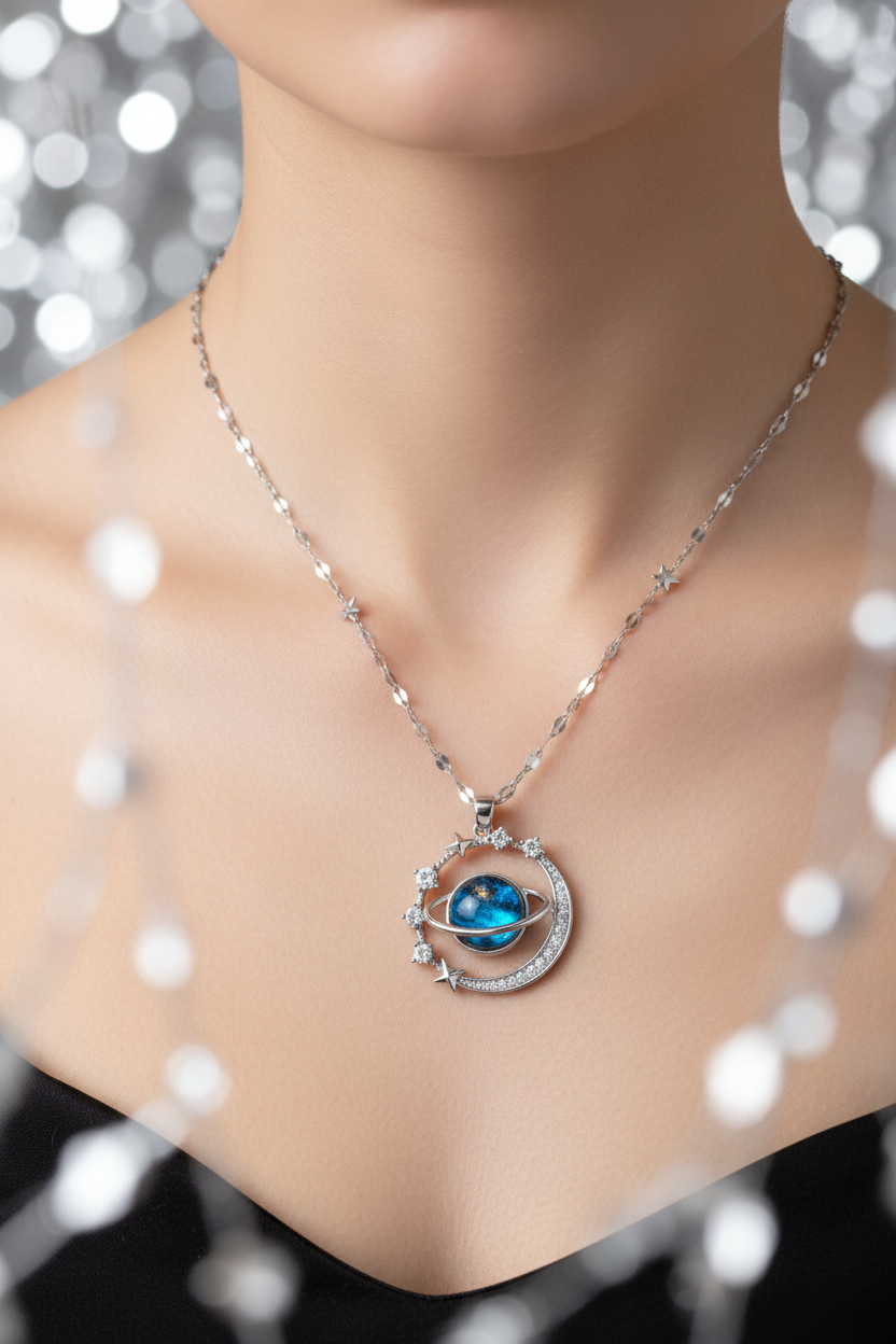Silver saturn galaxy necklace with blue cosmic sphere worn on model's neckline with soft silver bokeh