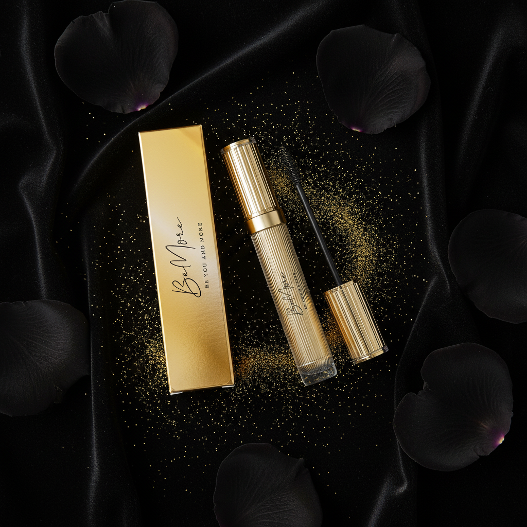 BeMore Mascara Extreme - Glamorous flat lay on black velvet