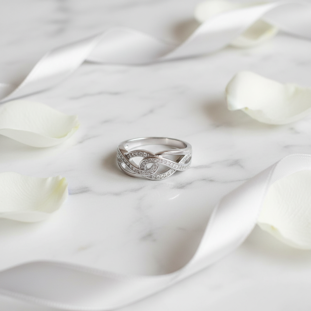 S925 Silver Braided Infinity Ring - Flat Lay