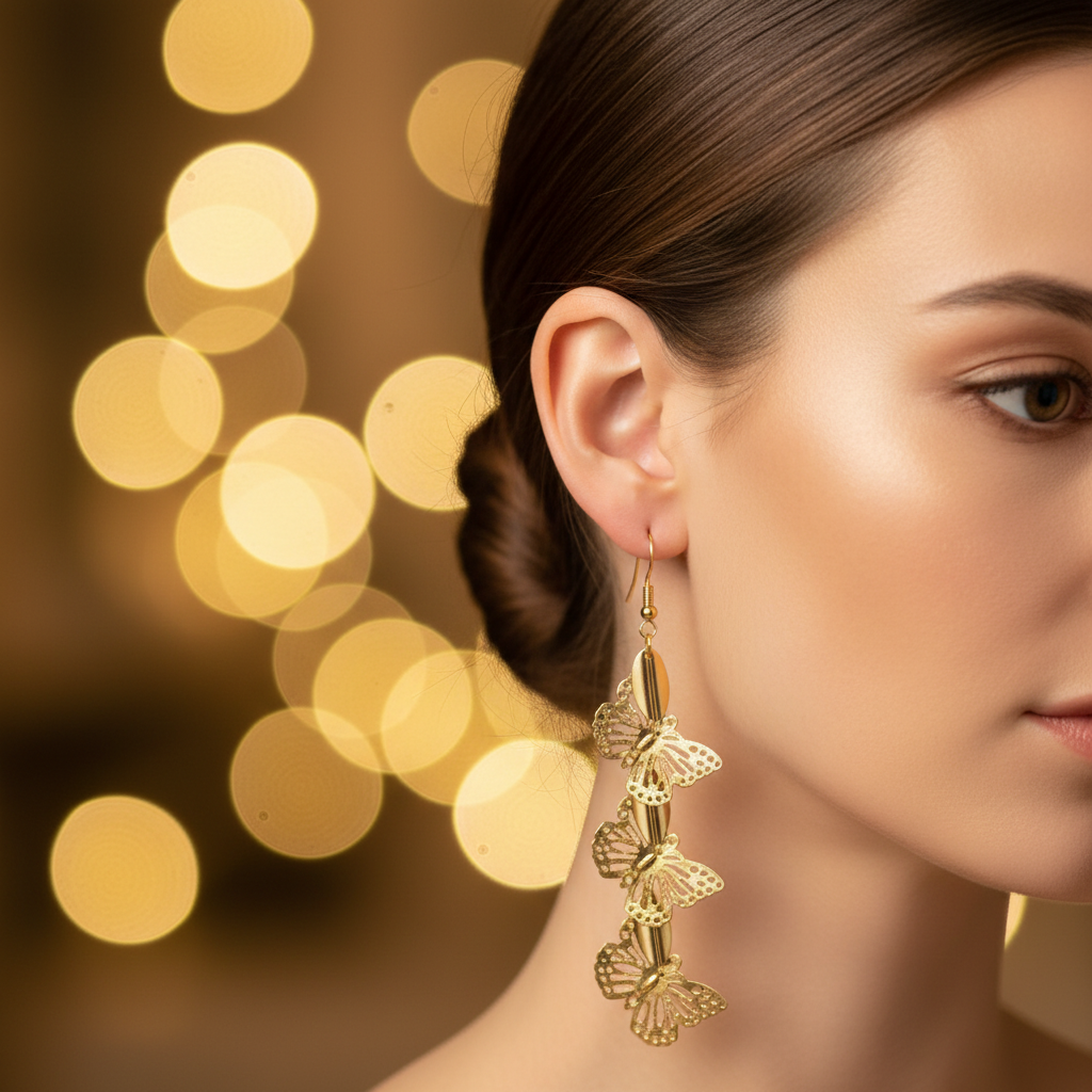 Gold Filigree Butterfly Statement Drop Earrings - Lifestyle