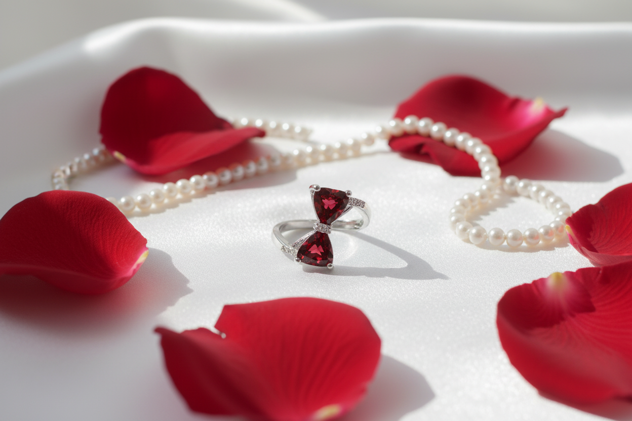 Silver double heart ring flat lay on white satin with red rose petals and pearl necklace